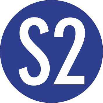 Sininen ympyrä, jossa on valkoinen S2-tunnus.